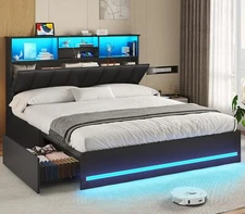 Full Bed Frame with Bookcase Headboard & 4 Drawers LED Upholstered Bed Black