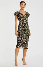 Mac Duggal Black Floral Embellished Flutter Cap Sleeve Dress Size 10