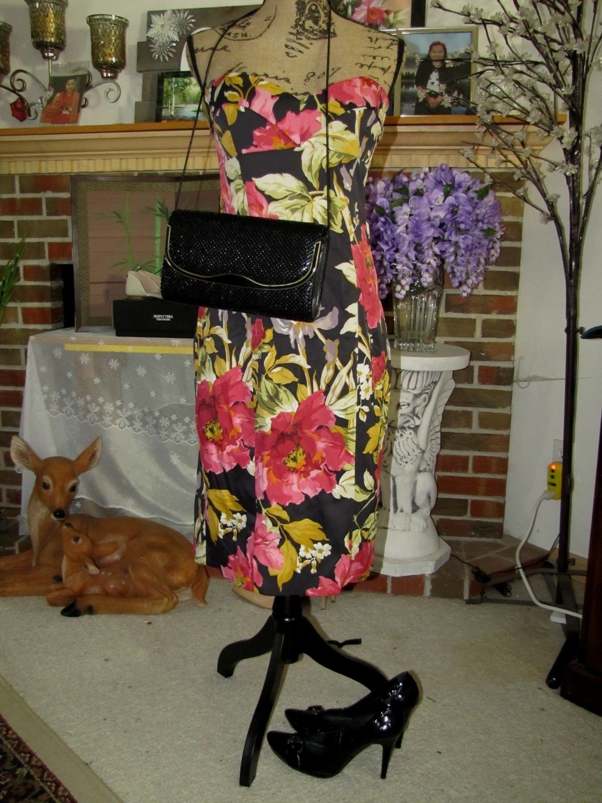KAREN MILLEN  RARE NAVY BLUE & TROPICAL PRINT CORSET DRESS SZ 16  US 12! image 3