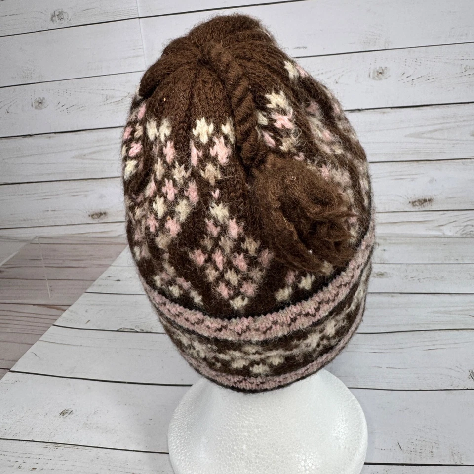 Chapéu de lã pele de tartaruga rosa marrom malha floco de neve ilha justa borla gorro inverno - Imagem 4 de 4