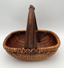Vintage Hand Woven Willow W/Wood Handle Gathering Basket