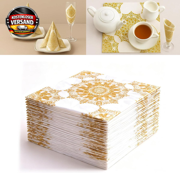 40 StüCk WeißE Und Goldene Blumendruck-Servietten, 33 X 33 Cm, Einweg-Servietten-image