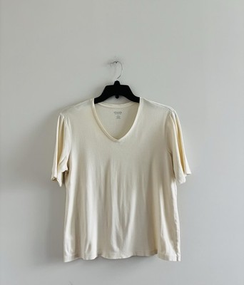Chicos True Colors Tee Beige Short Sleeve V-Neck Cotton Women 2/L Peru Preppy
