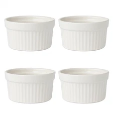 Beille 4pc Oven Safe White Fluted Ceramic Ramekins Baking Supplies, 5oz Capacity