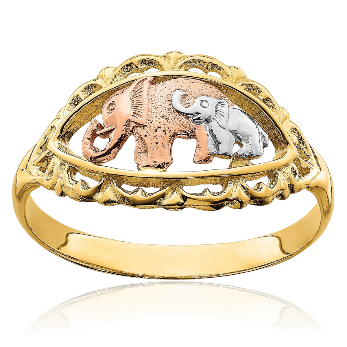 14K Solid Two Tone Gold Filigree Elephant Statement Fashion Ring