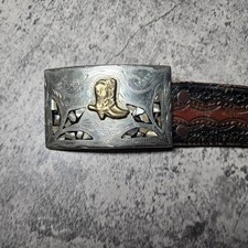 Vtg Mexican sterling  abalone belt buckle Cowboy Western Tulle Cowhide Belt 38