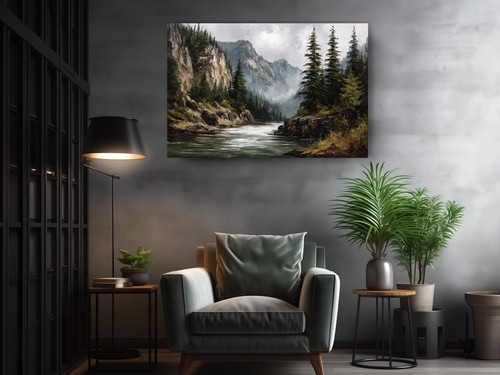 Rocky Mountain River Canvas Wall Art  Scenic Cliffs and Forest Landscape Print - Picture 4 of 9