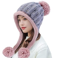 Women Winter Peruvian Cover Ears Beanie Hat Ear Flaps Sherpa One Size Lightgray