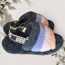 UGG Fluff Yeah Rainbow Striped Slippers Navy Purple Pink Orange 1097169 Size 7