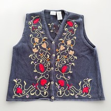 Bobbie Brooks Sweater Vest Women XL Embroidery Floral Gems Cottage Metal Button