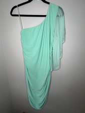 Deb Vintage Mint Green One Shoulder Ruched Dress w Rhinestone Sheer Sleeve Sz 1X