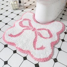Pink Bow UShaped Toilet Rug Scalloped Plush Bathroom Mat 20x20 In