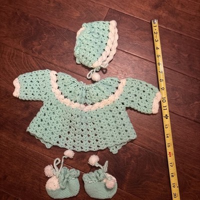 Vintage Knit Baby Or Doll Clothes Poncho Dress Hat Booties
