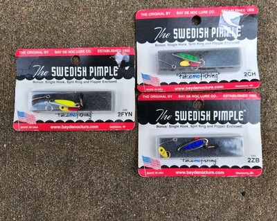 SET OF 3 The Swedish Pimple 1/10oz Treble Hook Lure Nickel Spoon with Bait Hook