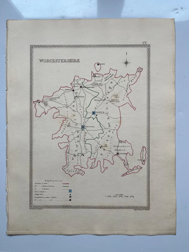 Вустершир старинная гравированная карта цветная граница 1835 - Изображение 2 из 4