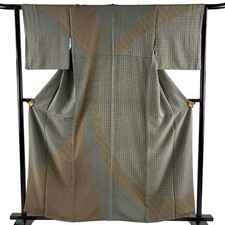 Japanese Silk Houmongi Kimono S 159cm Brownish green Small flower Stripe 5023206