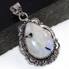 Exclusive Rainbow Moonstone 925 Silver Plated Gemstone Pendant 1.6" JW