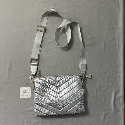 Caroline Hill Quilted Puffer Crossbody Bag Metallic Silver NWT Clear Chain Strap
