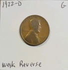 1922 D Lincoln Wheat Cent Good Weak Reverse Denver Mint