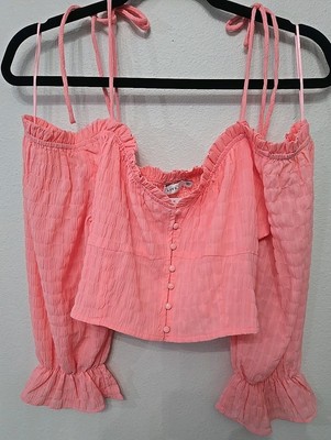 Lush Womens Cropped Puff Sleeve Off the Shoulder Button Front Blouse Sz L NWT