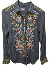 Johnny Was Workshop LS Black Silk Blouse Small Marchella Fitted Embroidered