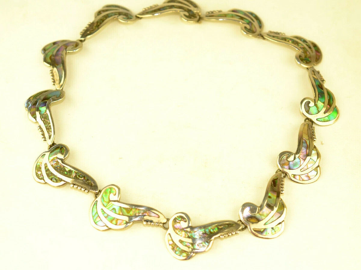 VTG SIGNED MP MEXICAN TAXCO STERLING SILVER ABALONE CHOKER NECKLACE EARRINGS SET