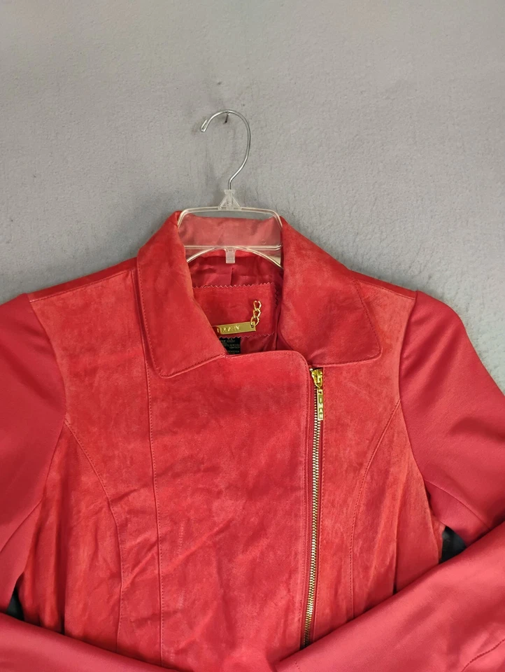 Iman Womens Jacket XS Red Leather Lined Full Zip Long Sleeve Solid Collared - Imagem 2 de 4
