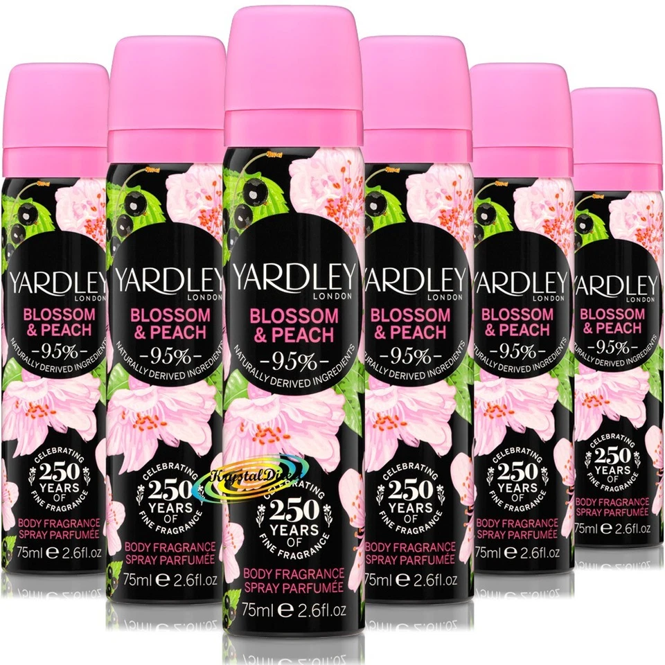 6x Yardley London BLOSSOM & PEACH Body Spray 75ml