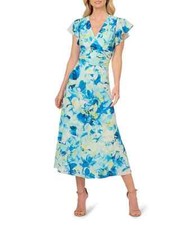 Adrianna Papell Chiffon Floral V-Neck  Flutter Sleeve A-Line Midi Dress sz 12