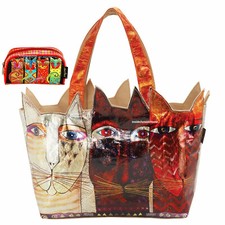 Laurel Burch Long Neck Cats CutOut Foiled LG Shldr Tote Cat Clan Makeup Bag Nw