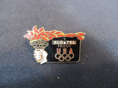 Olympic Pin 1988 Calgary & Seoul Games USA Team Friden Alcatel Torch Black Red