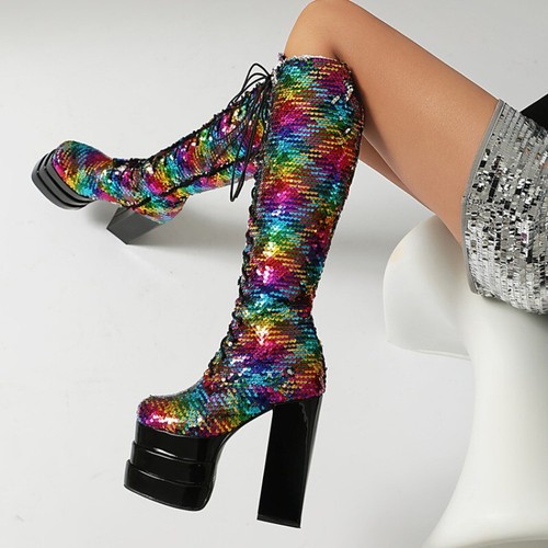 2025 Plus Size Fashion Sequins Women's Boots Sequins High Chunky Heels Boots sz - Picture 2 of 17