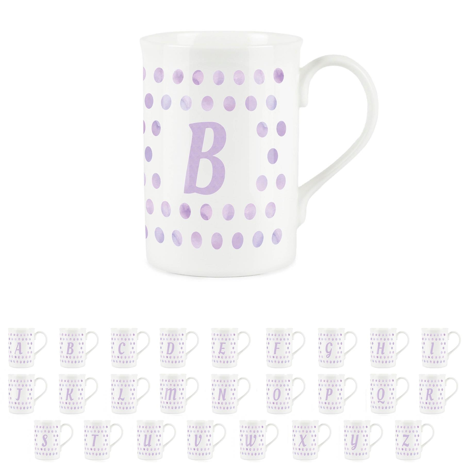 Bone China Letter Mug - Lilac Polka Dots Spotty Personalised Letter B Mug