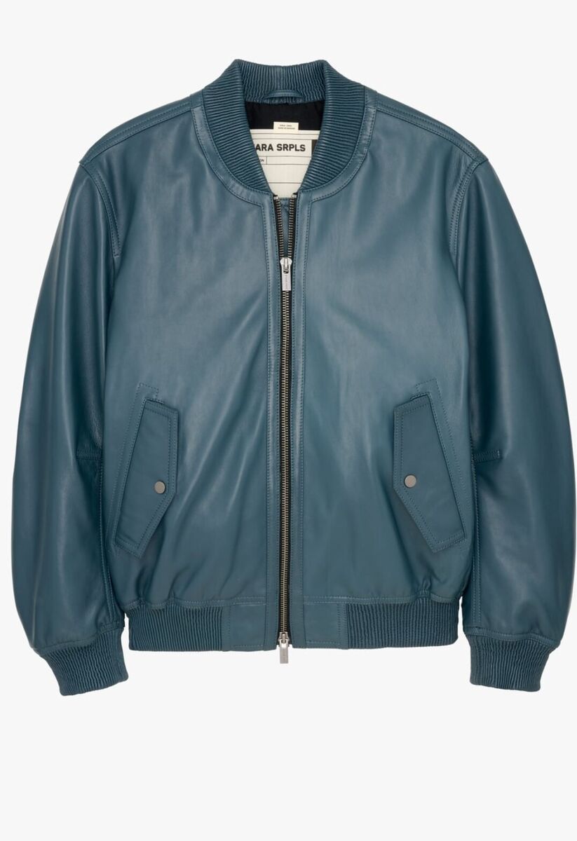 RRP $329 ZARA BMBR 11 MEN LEATHER JACKET DUCK BLUE, SIZE M RRP $329 ZARA BMBR 11 MEN LEATHER JACKET DUCK BLUE, SIZE M