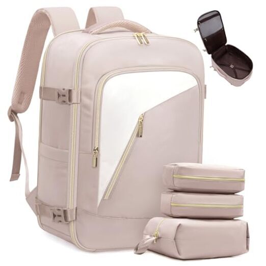 Travel Backpack for Women, 40L Carry on Backpack 17.3 Inch-4Pcs Beige-apricot-image