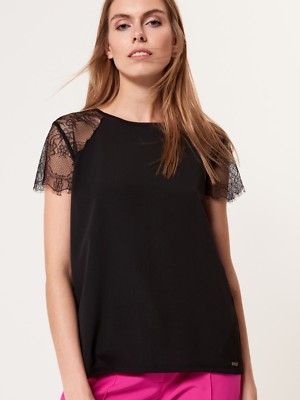 Mohito Spitzenärmel T-Shirt Damen Schlüsselloch Knopf Oberteil Small neu mit Etikett schwarz