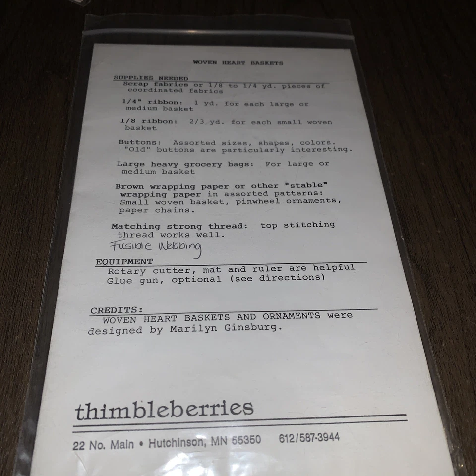 "Heart Baskets" Thimbleberries Sewing Craft Pattern MG-9116 Marilyn Ginsburg - Image 2 of 2