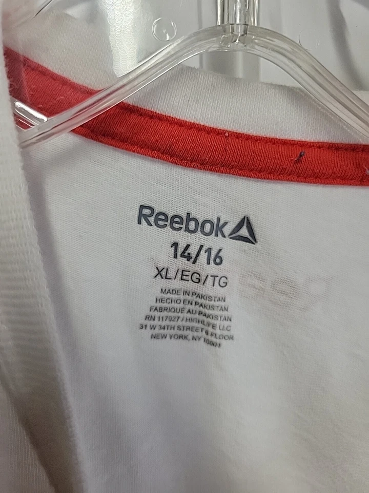 Camiseta blanca Reebok para niños cuello redondo manga corta logotipo Delta gráfico XL 14-16 Foto 3 de 3