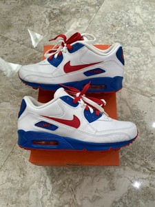 red white and blue running shoes