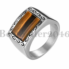 Men Tiger Eye Stone Signet Wedding Ring Stainless Steel Engagement Band Sz# 7-12
