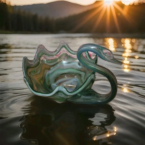 Vtg Hand Blown Murano Style Ozark Art Glass Green Brown Swirl Swan Bowl Dish