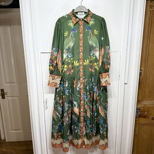 Zimmermann Birdie Shirt Dress Green A Line Button Front Lined Pleated Size Small