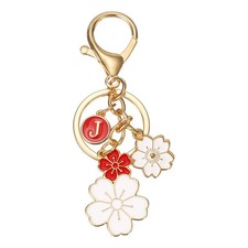 Initial Keychain Flower Charm Letter-J Key Chain Cute Cherry Blossom Red