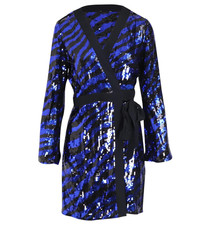 Rixo Blue Sequin Maria Tiger Mini Wrap Dress UK S
