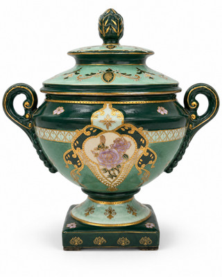 Große antike Jugendstil handbemalte Porzellan Deckel Urne Vase vergoldet floral pe