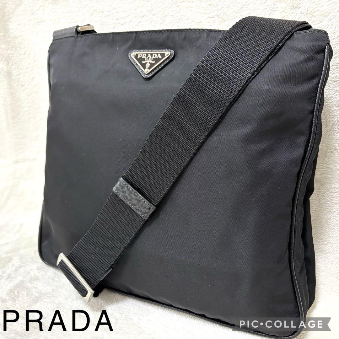 Prada Black Nylon Shoulder Bag with Triangle Logo and Back Pocket Made in Japan