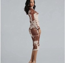 Windsor Abstract Brown & Cream Mock Neck Mesh (w/ Slip) Midi Bodycon Dress