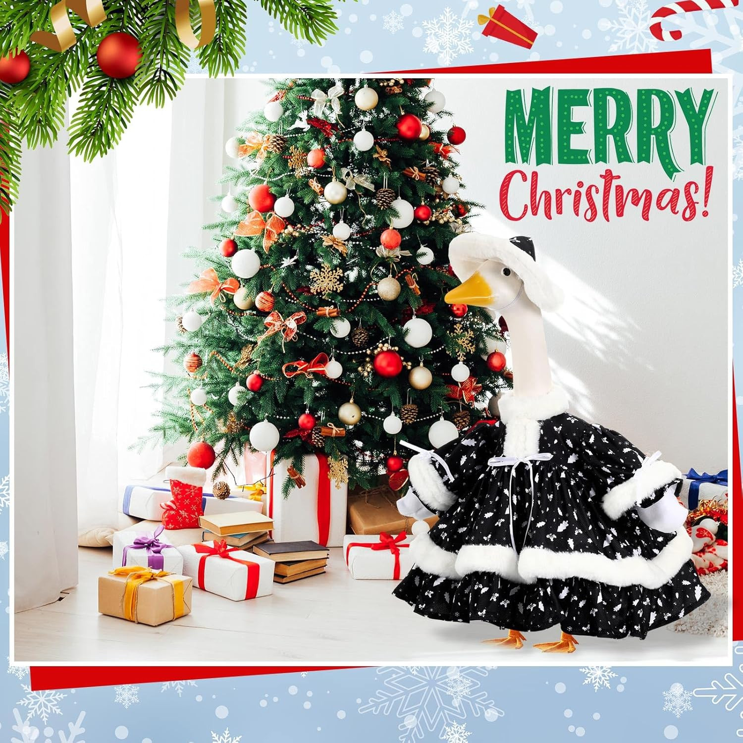 Winter Goose Outfit Fancy Porch Goose Clothes Dress with Wide Hat for Winter Out