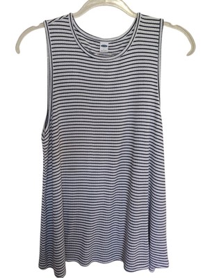 Old Navy Tank Top Woman Large Navy White Stripe Beach Vacation Sleeveless Ribbed