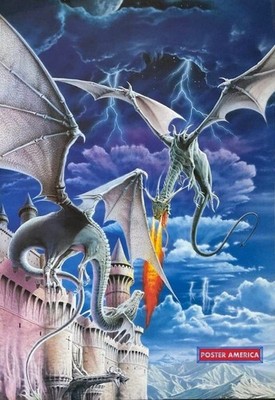 663095 Dragons Fighting & Spitting Fire Vintage Photo Wall Print Poster